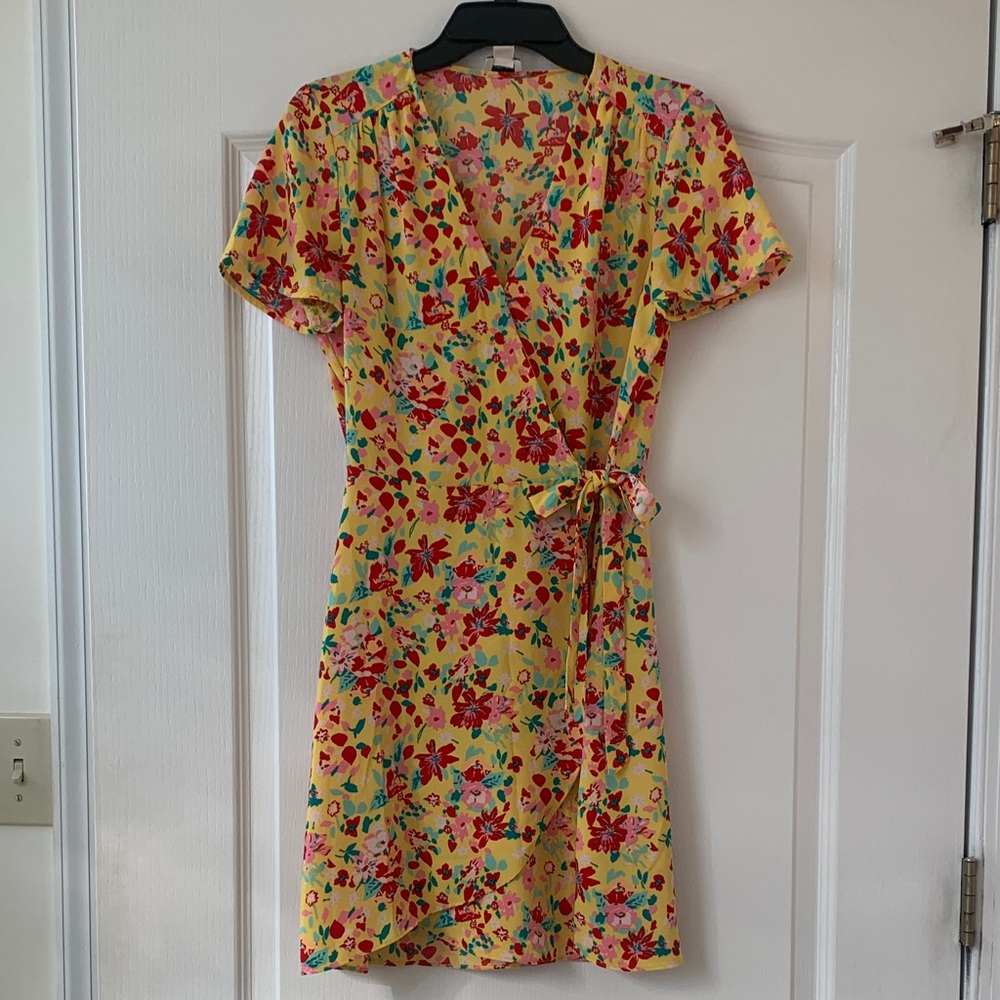 J. Crew Factory Yellow Floral Wrap Mini Dress with Tie